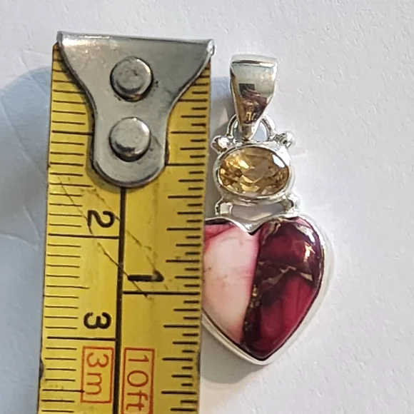 Sterling Silver Heart Pendant with Red and Pink Mookaite Jasper Yellow Citrine - Picture 5 of 5